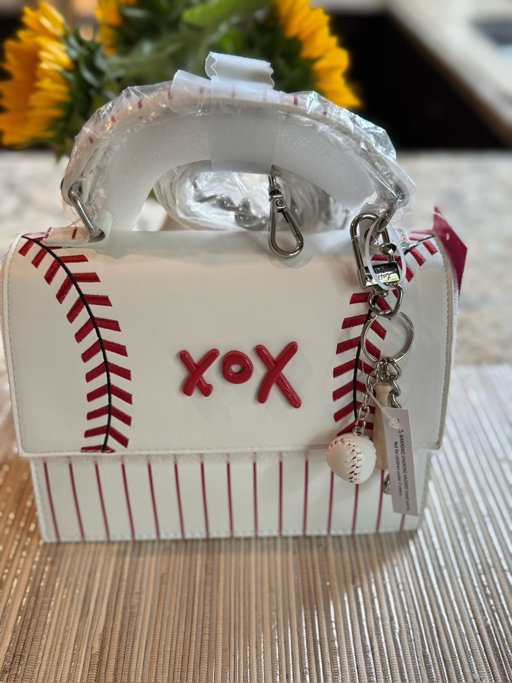 NEW BETSEY JOHNSON XO Baseball Charm White Red Striped Crossbody Top Carry Bag